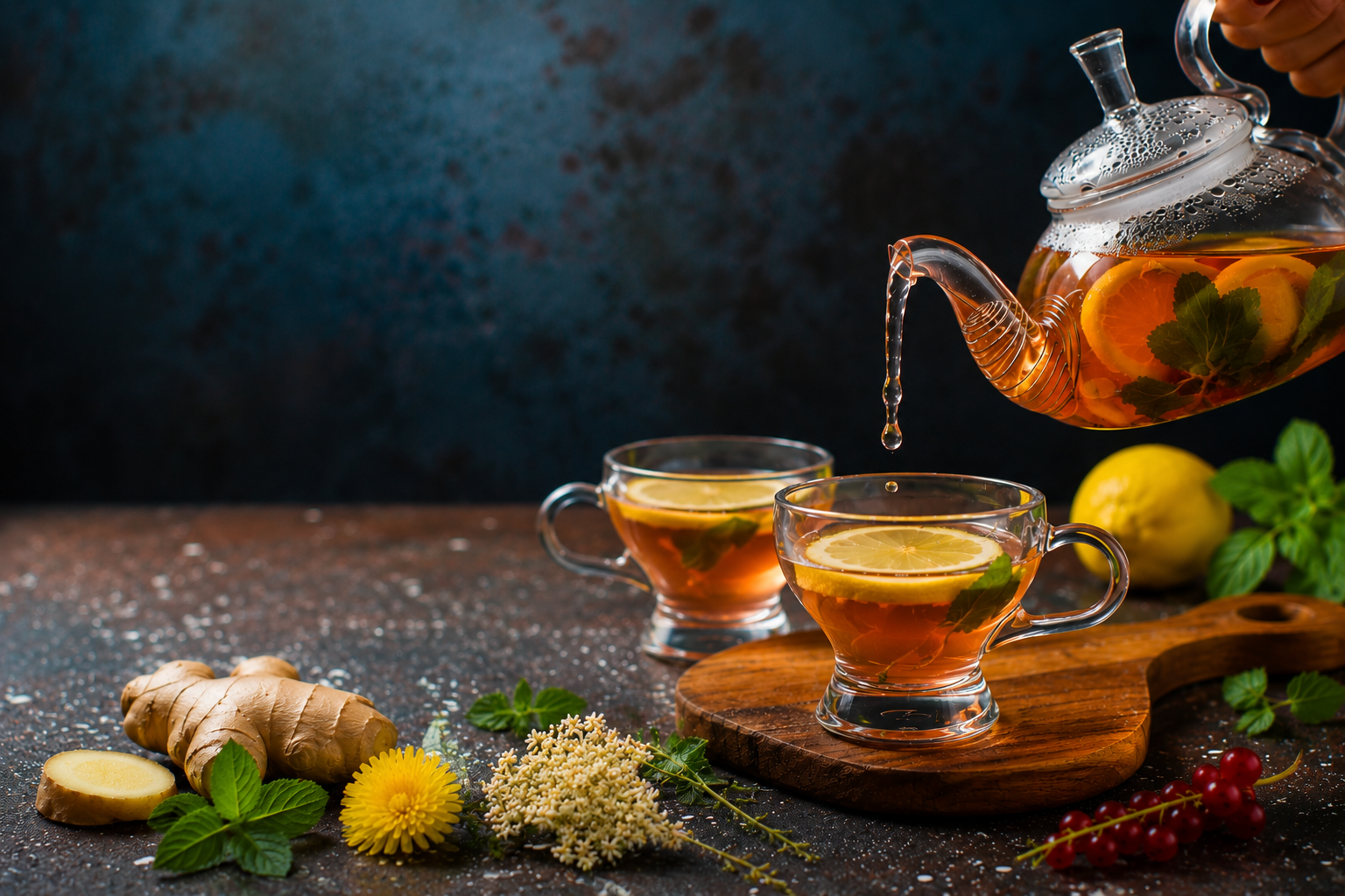 Glass teapot pouring herbal lymphatic drainage tea into a clear cup with lemon, ginger, mint, and fresh herbs on a rustic wooden board.