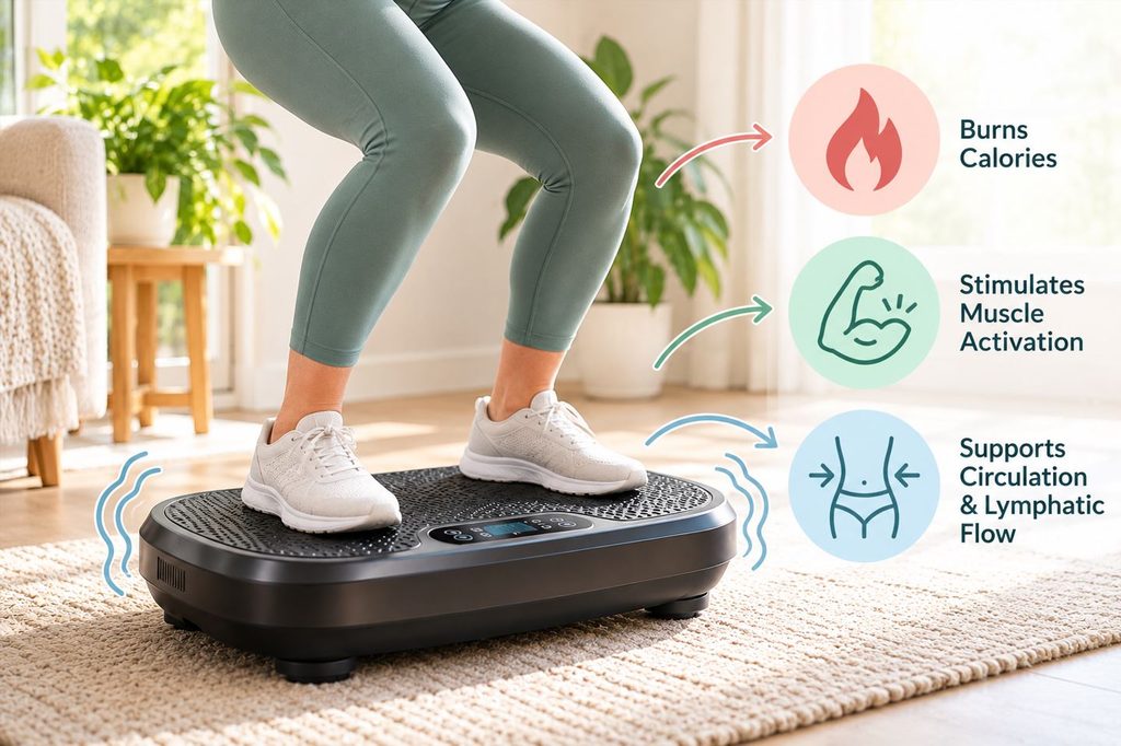 Person exercising on a vibration plate while doing squats, illustrating do vibration plates burn calories and activate muscles.
