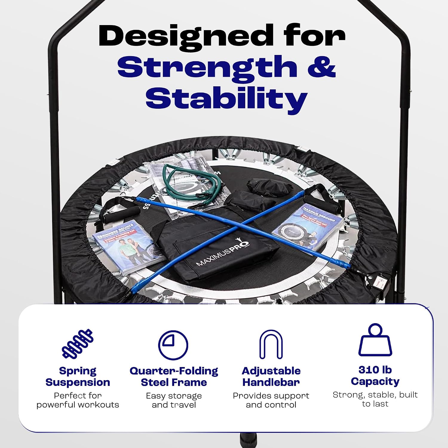 Maximus PRO rebounder with stability bar and workout accessories