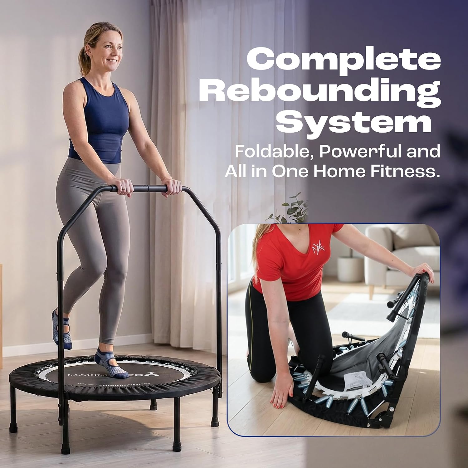 Maximus PRO rebounder in use and folded for storage